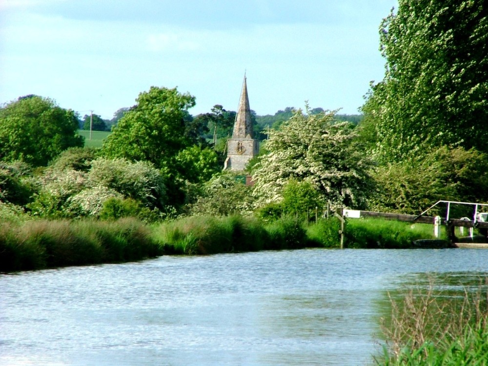 Photograph of Little Bedwyn (Wiltshire) church seen from the Kennet and Avon Canal
(May 2005)