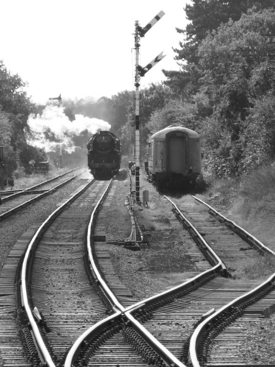 The train now approaching Platform Two ... on the Great Central Railway, Leicestershire.