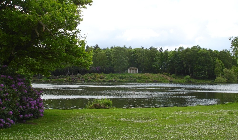 An ornamental temple across the lake at Clumber, Nottinghamshire.
