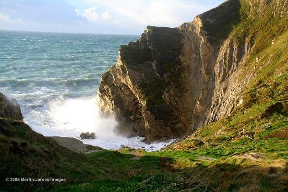 Dorset, Lulworth Cove, Stair Hole seas breaking in high wind