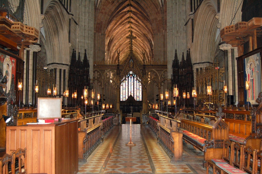 Looking through the Quire of Worcester Cathedral to the Nave and the West window