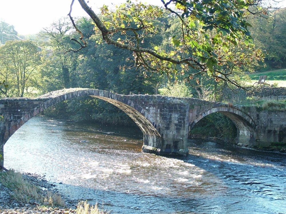 Old Roman Bridge over river Hodder at Hurst Green Nr. Ribchester, Lancashire.
