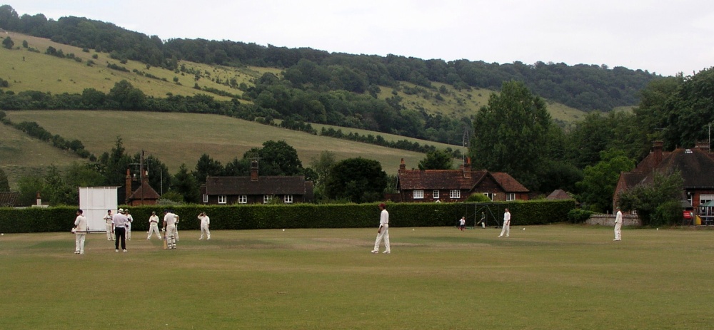 Cricket game with Box Hill in the background in Dorking, Surrey July 2006