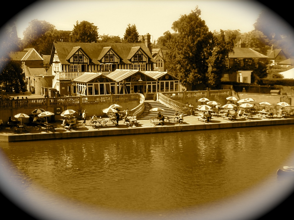 Moorings and Riverside Pub viewed from Wallingford Town Bridge, Oxfordshire