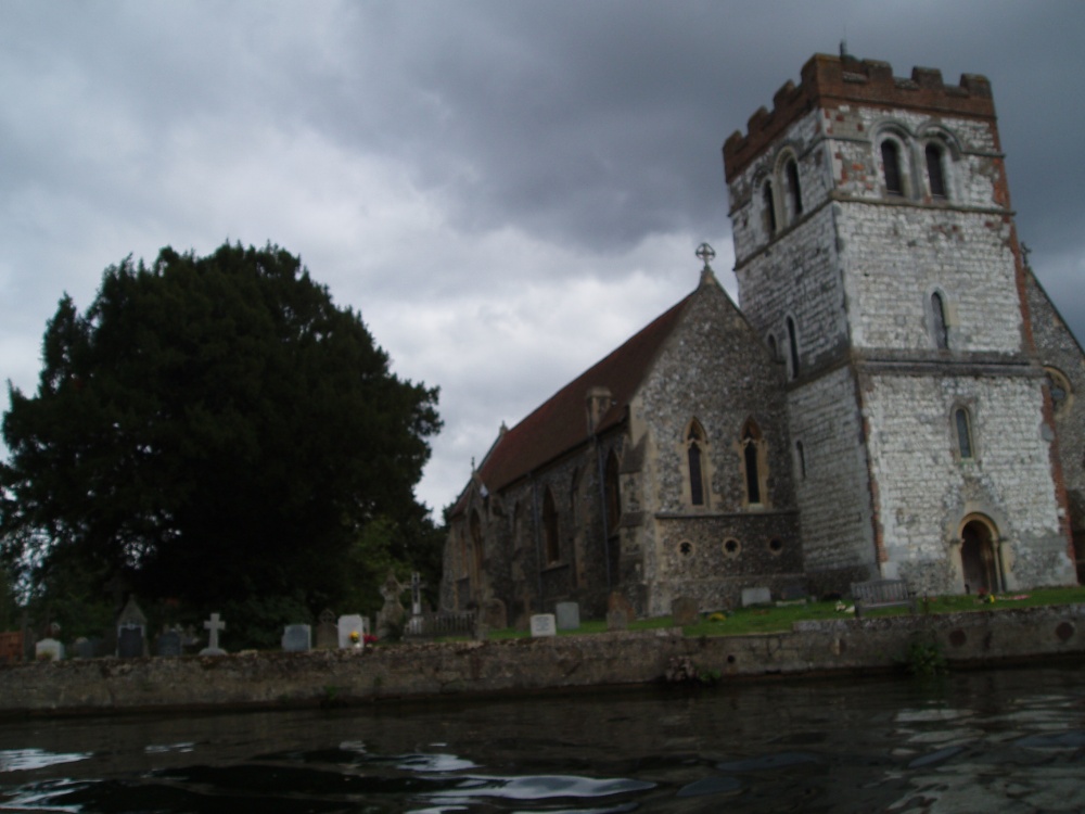 Photograph of All Saints Church alongside the river Thames in Bisham, Berkshire - August 2006