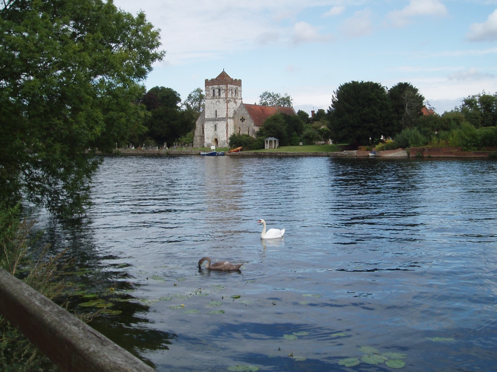 Photograph of All Saints Church in Bisham, Berkshire, along the river Thames. August 2006