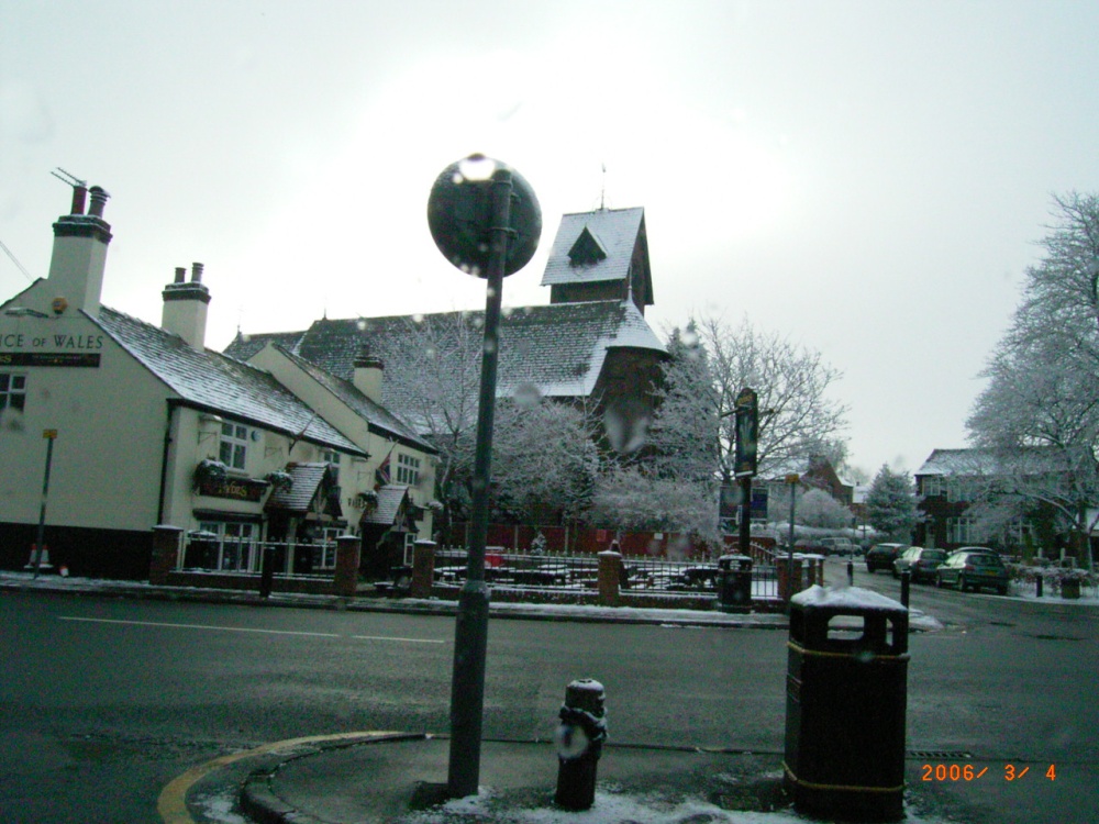 Photograph of Prince of Wales Pub and Gatley Church, Greater Manchester, in the Snow - Mar 2006.
