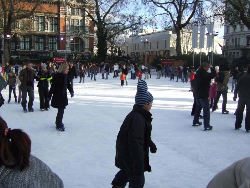 A Christmas skating session in the gardens of the Natural History Museum, London.
