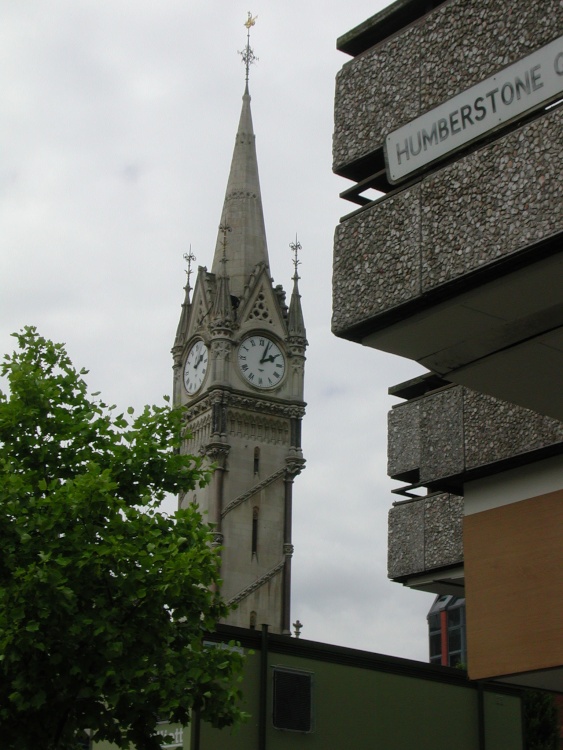 Church Spire at the corner of Humberstone, Leicester City Centre, Leicestershire.