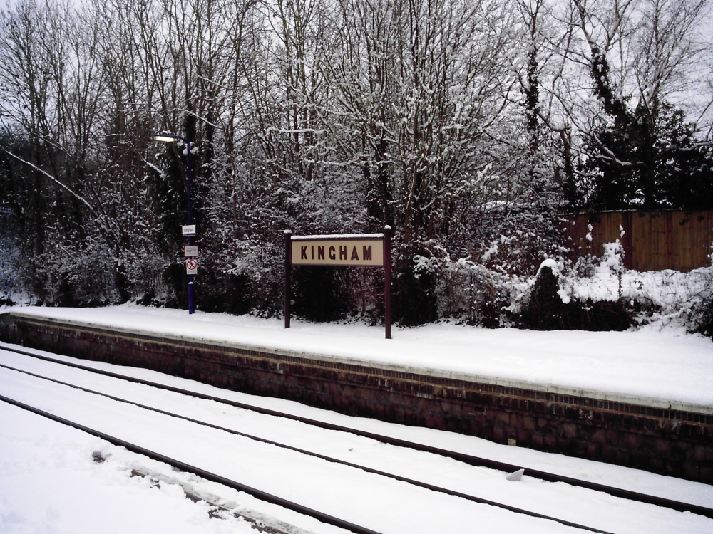 Photograph of Kingham train station in the Cotswolds looking lovely with the snow