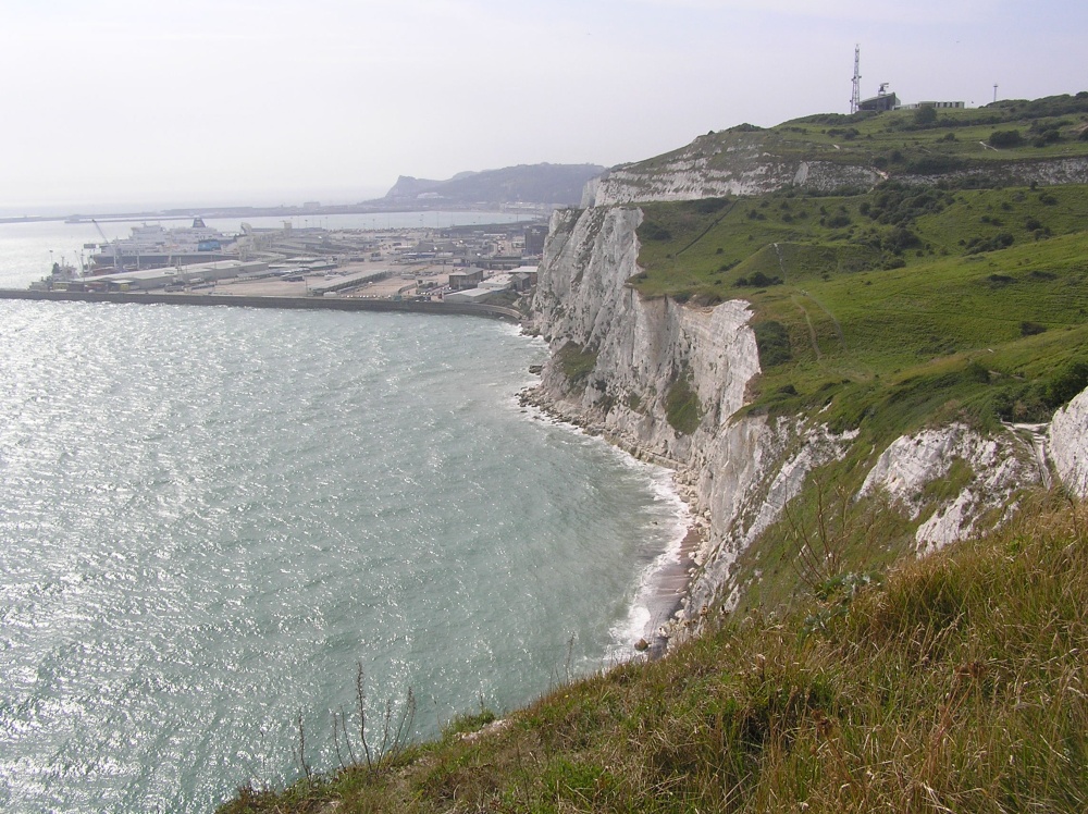 The white cliffs of Dover, Kent, Dover harbour, and on top of the hill, the coastguard station. photo by Hilary Hoad
