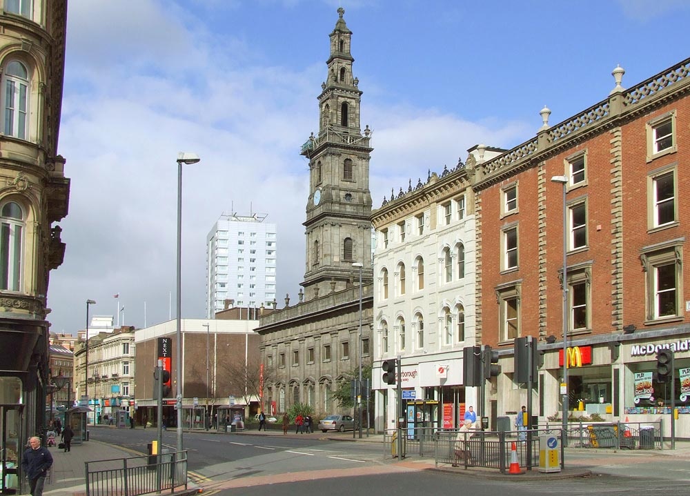 Boar Lane showing Trinity Church, Leeds, West Yorkshire.