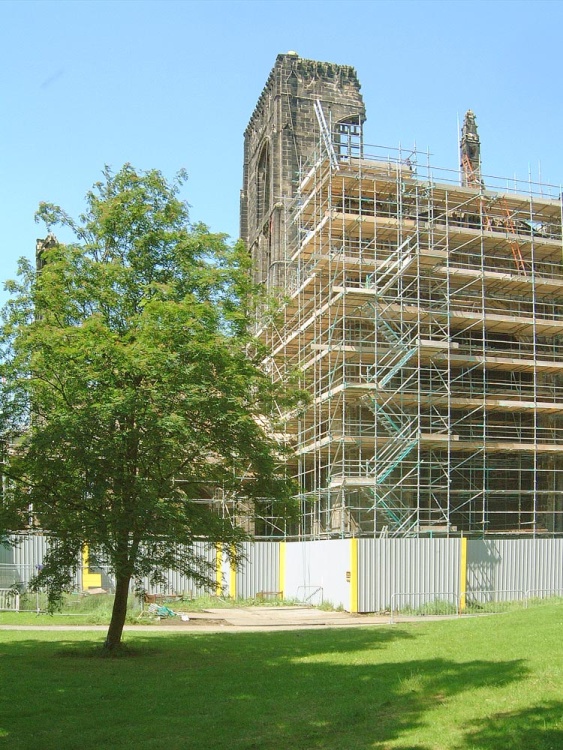 Kirkstall Abbey during restoration work 2005. Leeds, West Yorkshire.