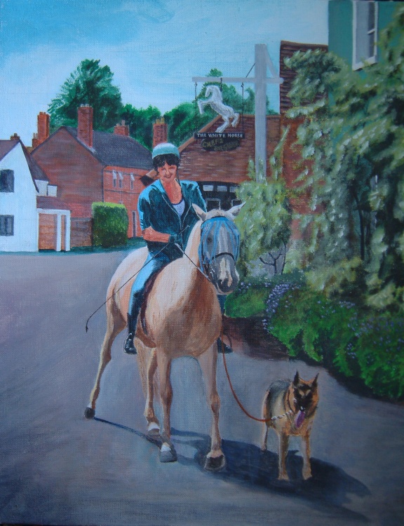 A Lady on a White Horse in Shere, Surrey: A painting by Stanley Port.