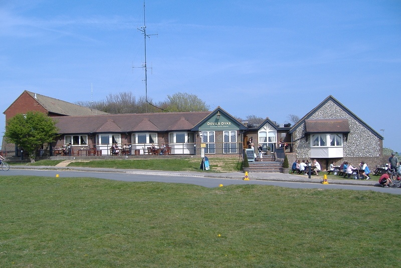 Devil's Dyke cafe/bar on Sussex Downs. Plenty of parking & room for pinics with great views