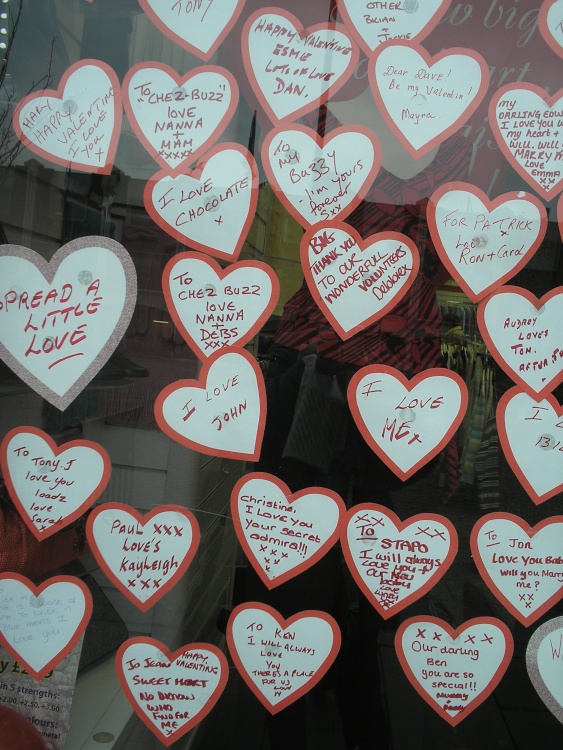 Valentine messages in charity shop window.  Stockton on Tees, Cleveland.