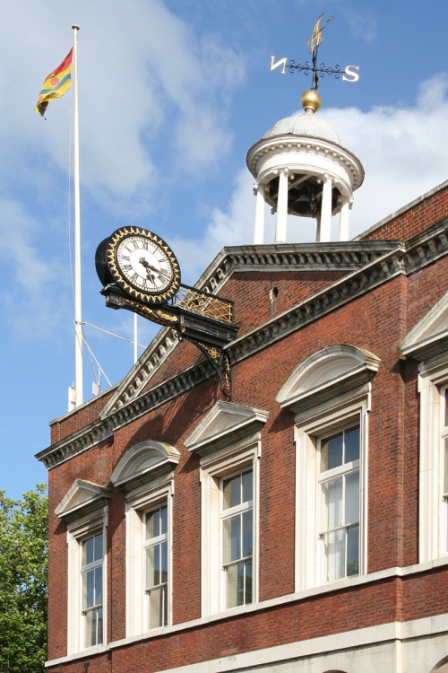 A closer view of 1st floor datail, the clock and tower on the Town Hall, Maidstone, Kent