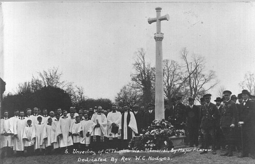 Photograph of Great Thurlow, Suffolk. The blessing/unveiling of the war memorial situated at the crossroads.