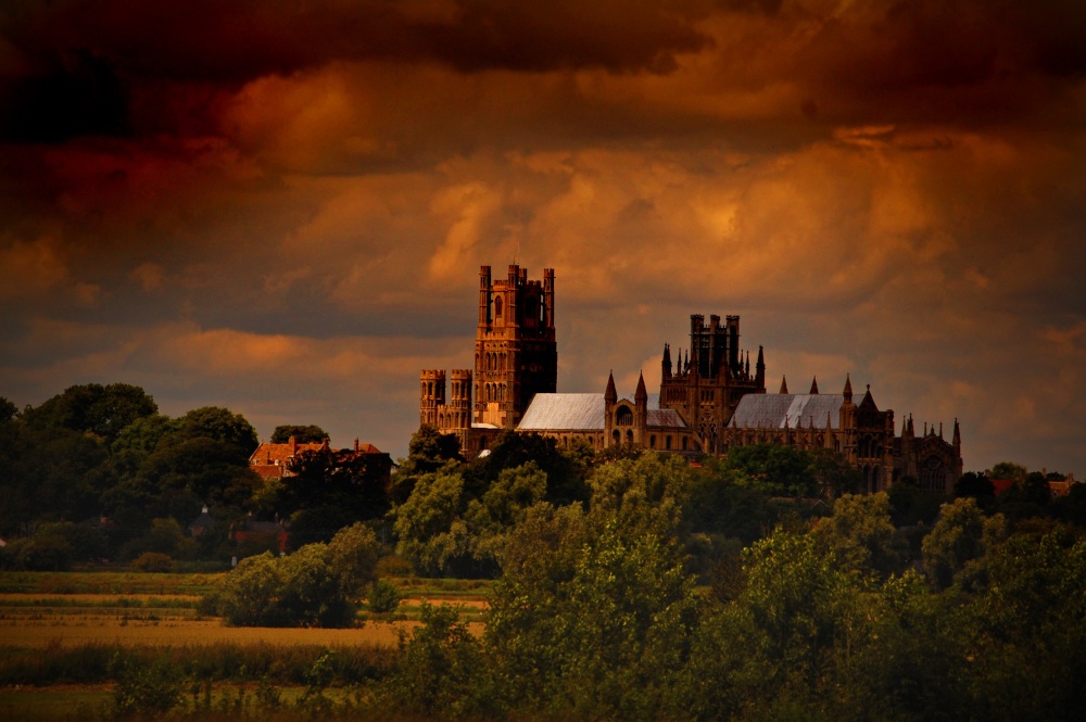 Photograph of Ely cathedral, under a brooding sky.