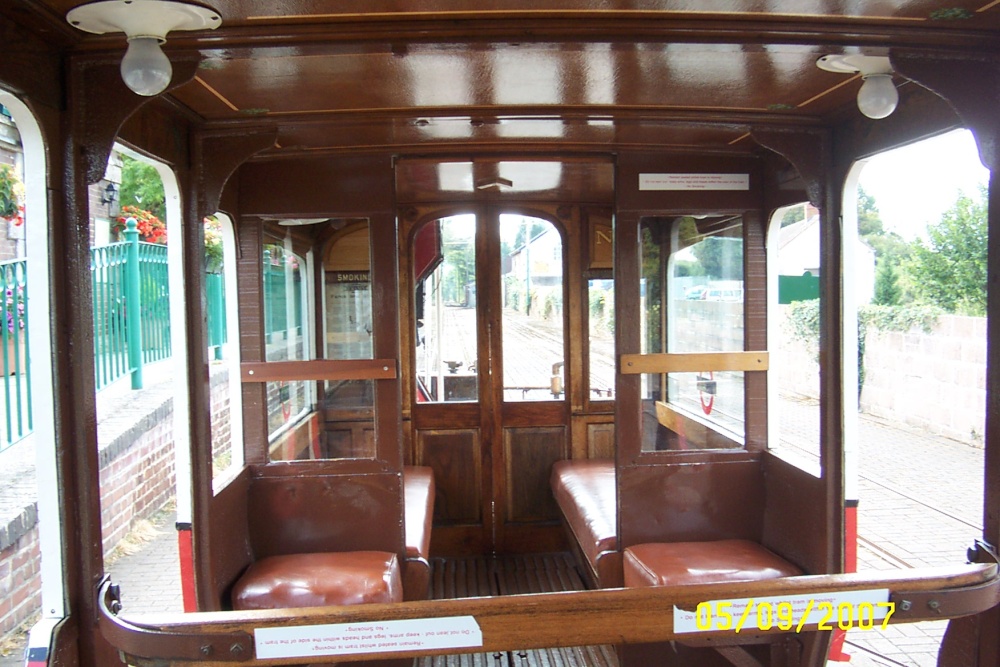 Photograph of The interior of the oldest tram on the Seaton Tramway, Devon