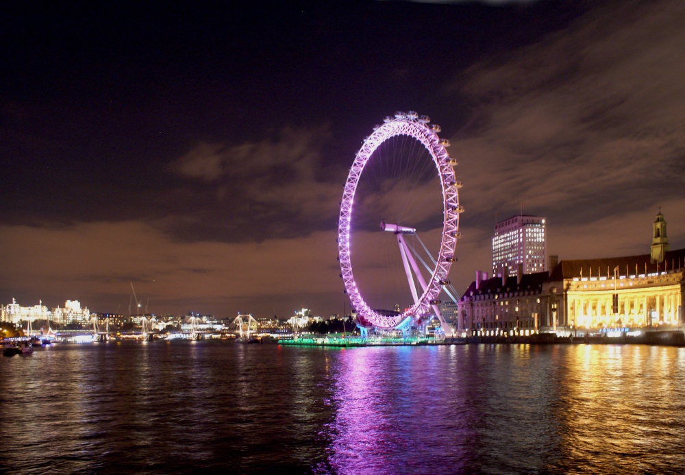 London Eye by night, view from Westminster Bridge