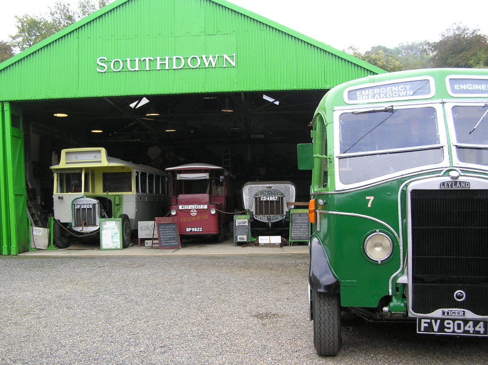 Photograph of Bus garage and old buses at Amberley