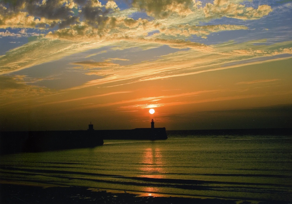 Photograph of Sunset over west pier, Whitehaven, Cumbria
