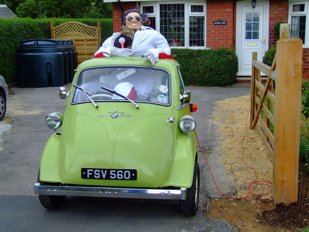 Photograph of Elvis in a bubble car, Scarecrow Festival, Ellerker, East Riding of Yorkshire