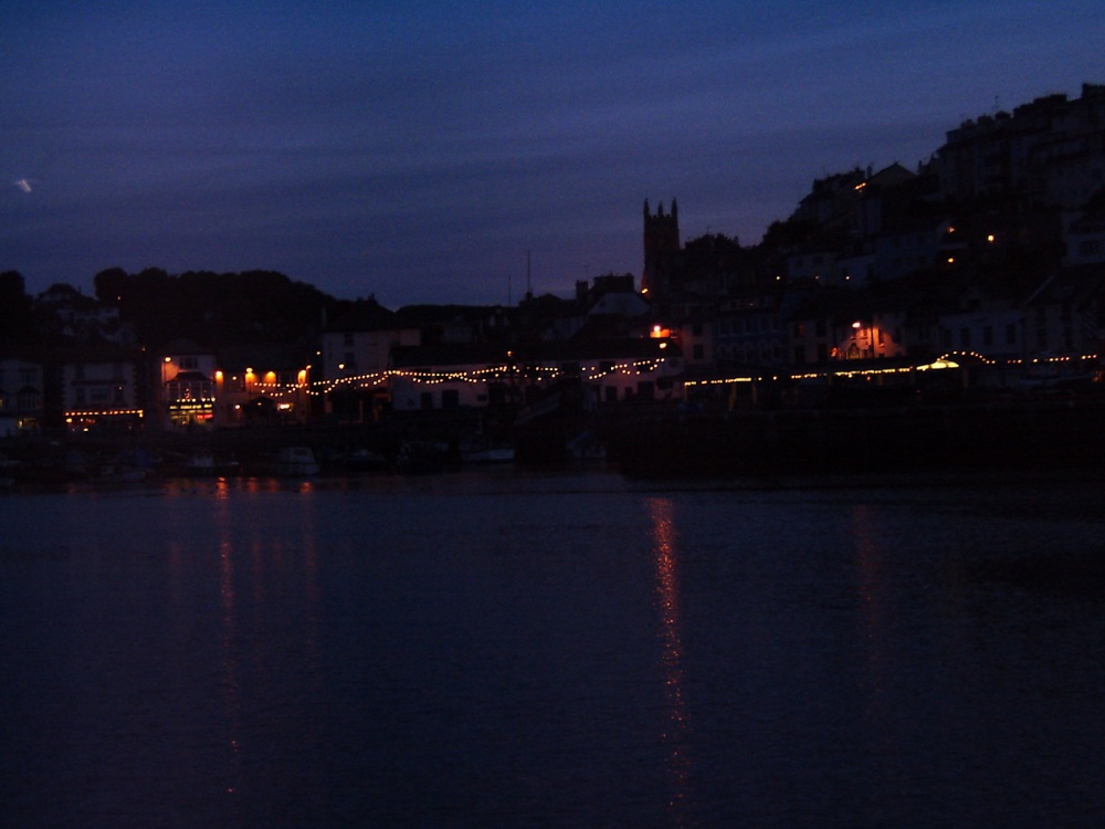 Brixham harbour at night.