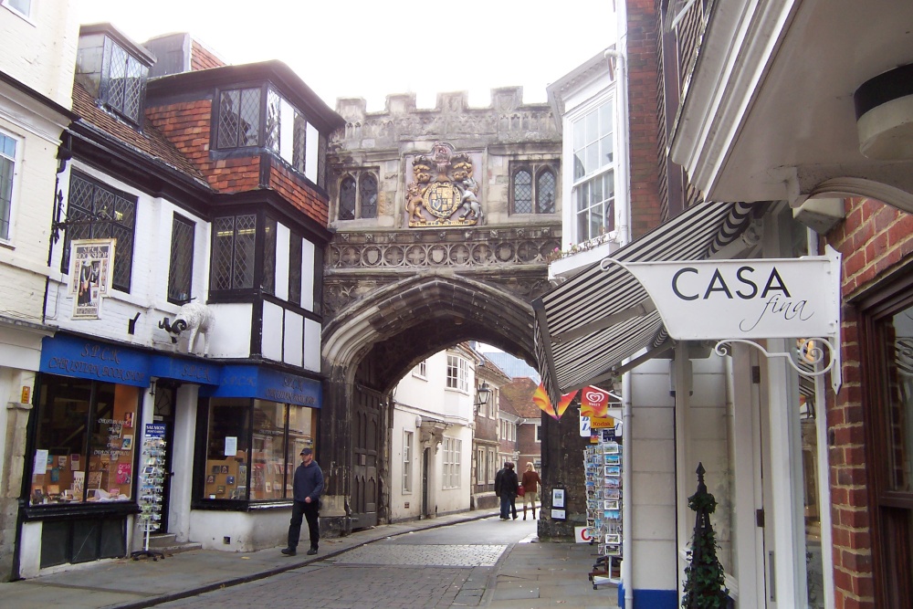 Medieval gate near postcard shop