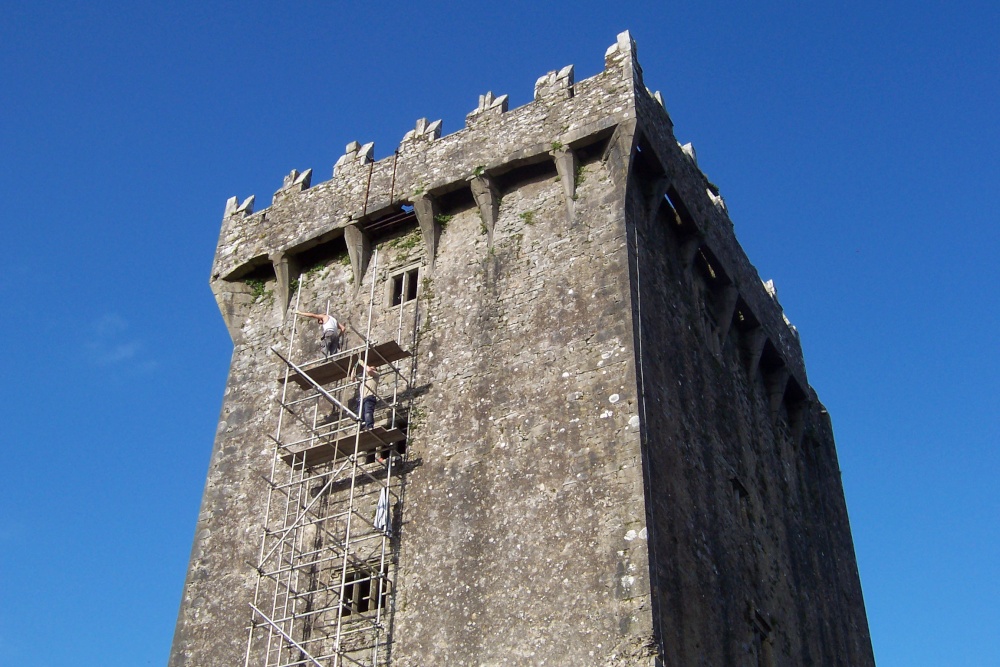About 85 -100 feet up the back wall of Blarney Castle