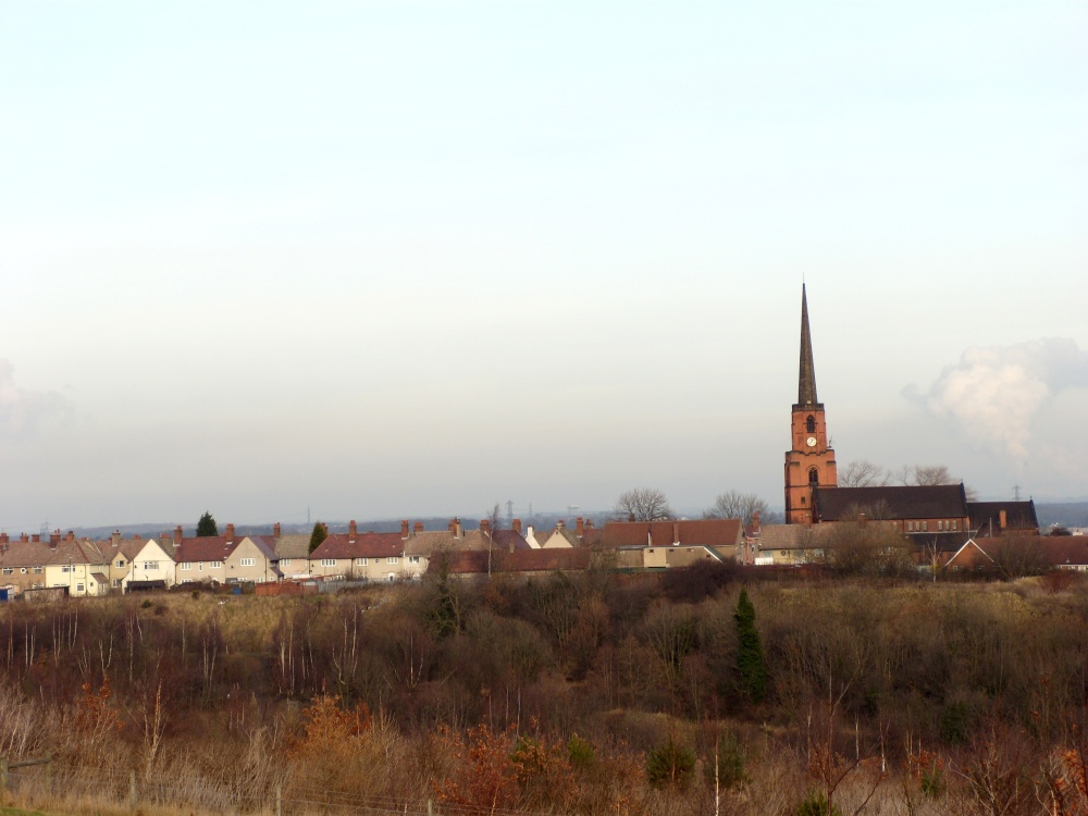 All Saints Church and Woodlands village from Brodsworth Community Woodland