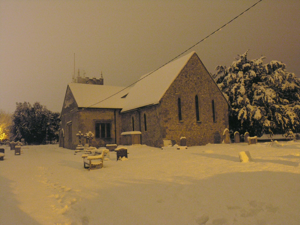 St James' Church Ludgershall late evening on a snowy February night