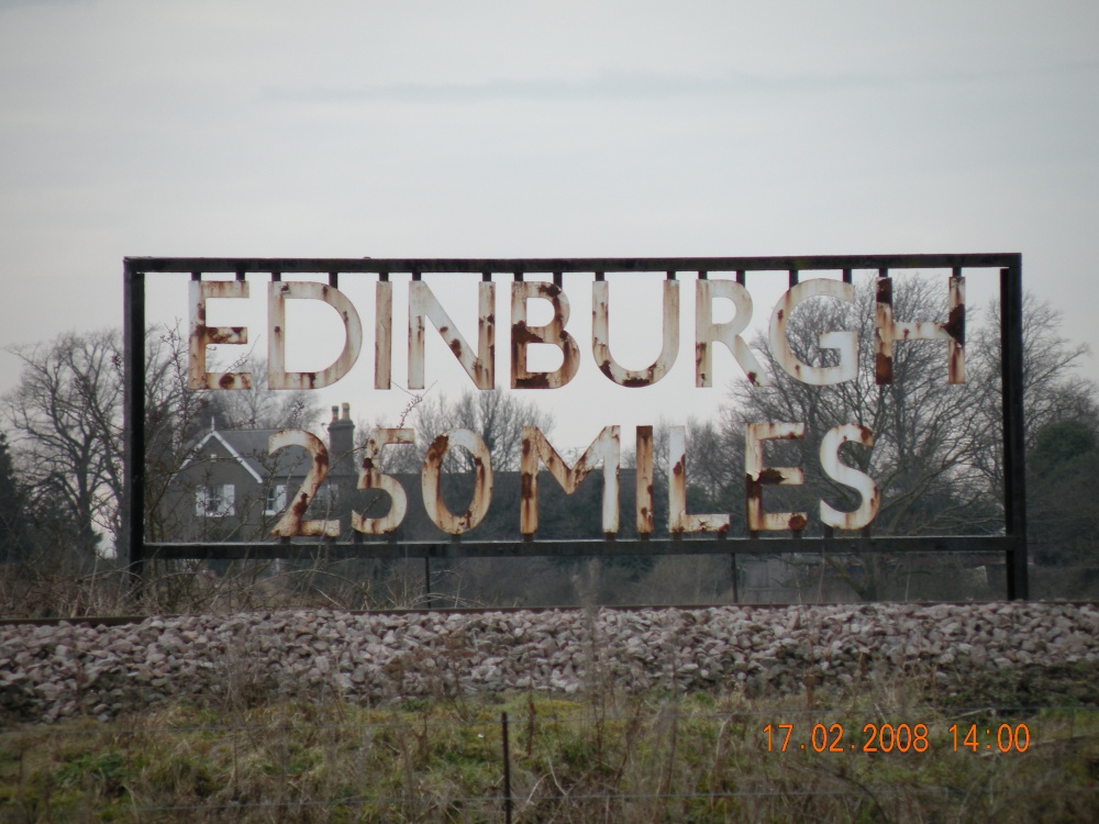 Mileage sign on East Coast main line