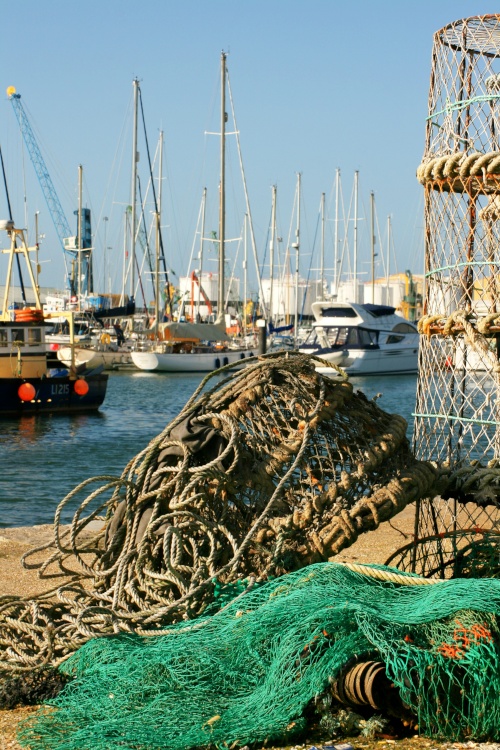 Crab pots on the quay.