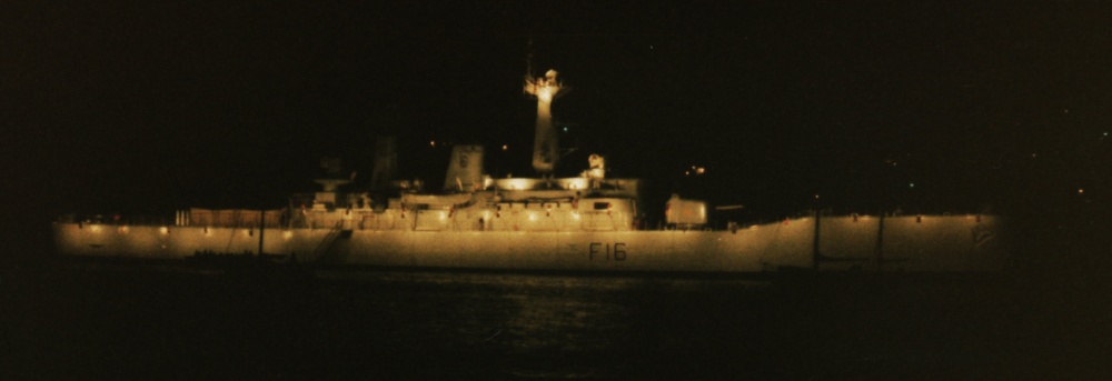 HMS Diomede at night 1985