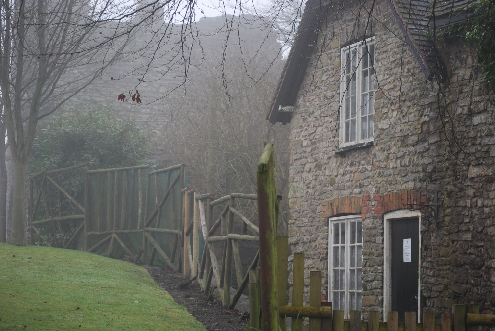 Cottage at the Castle on a foggy day