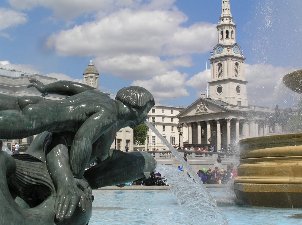 Trafalgar Square fountain with St Martin-in-the-Fields photo by Hilary Hoad