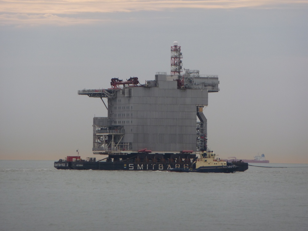 A close-up of the accommodation module out at sea.