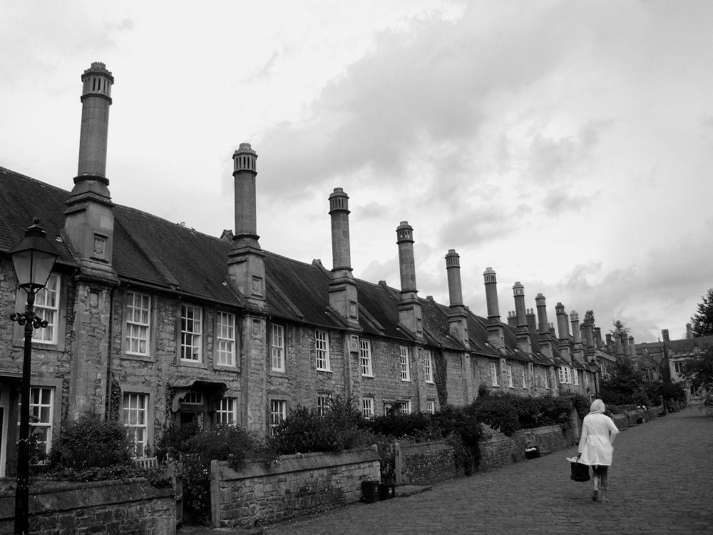 Photograph of Choristers cottages in black and white.