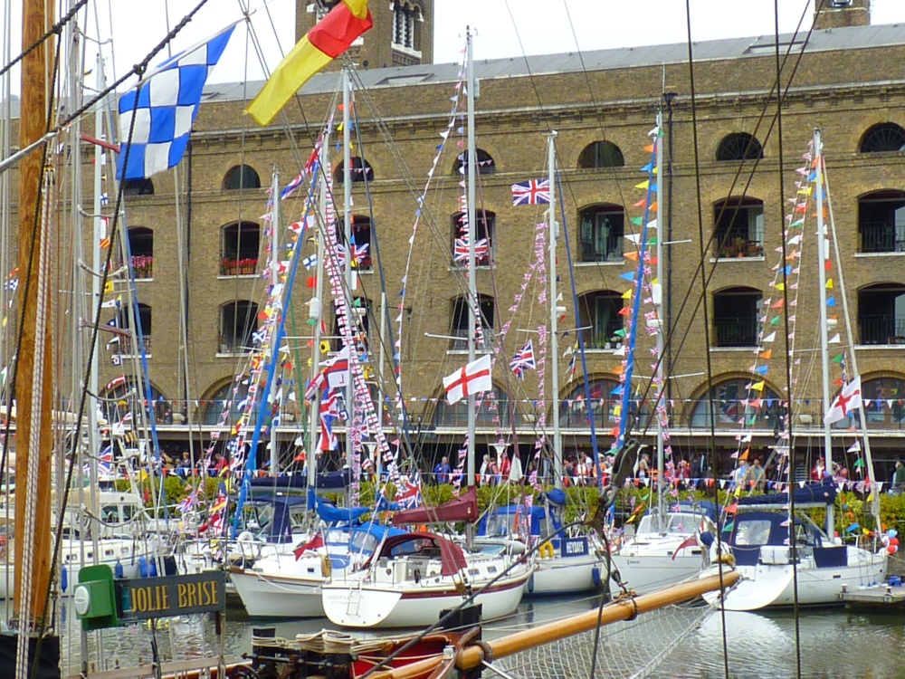 Boats and bunting in St Katherine's dock near Tower Bridge