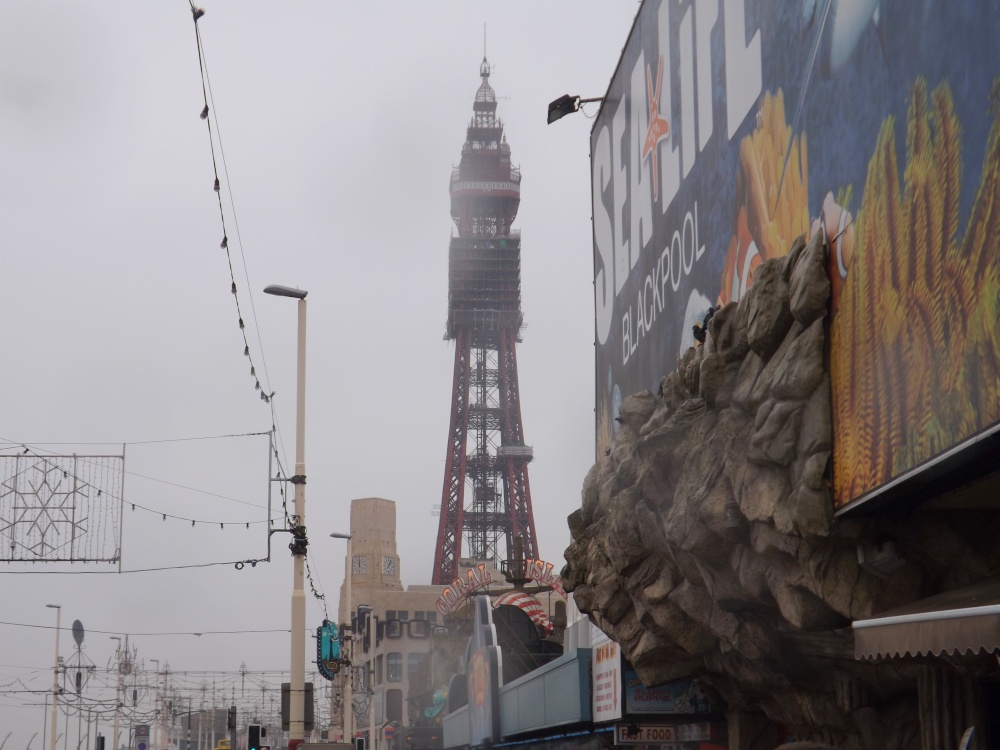 Blackpool Tower on a very dark and rainy day