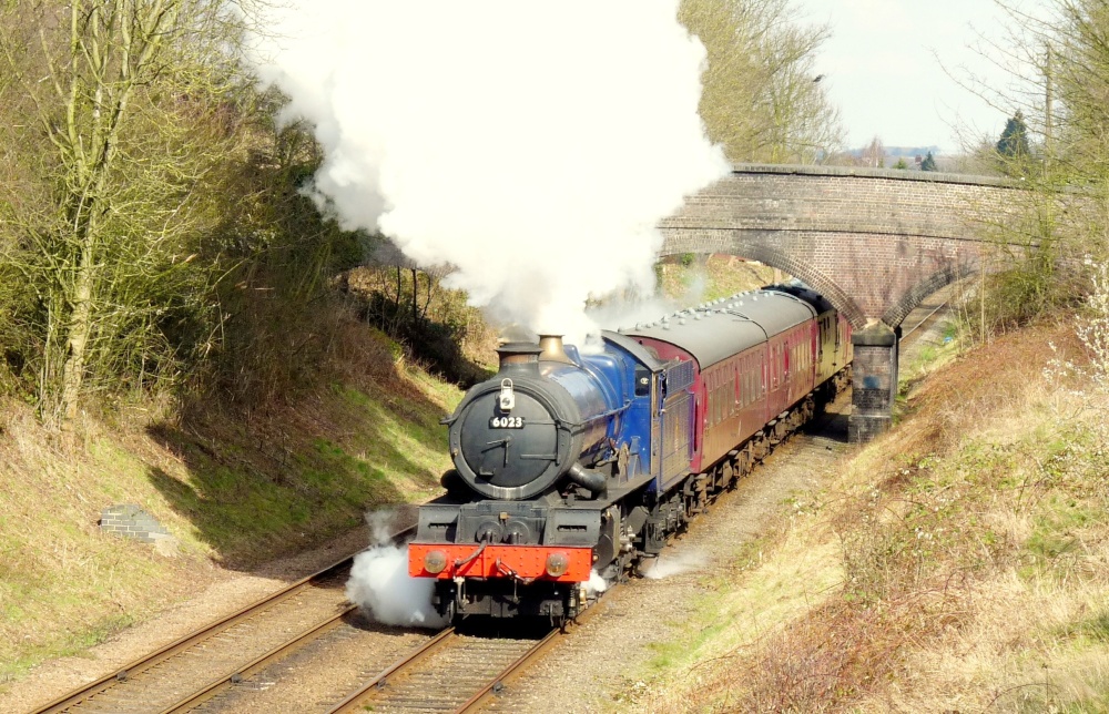 GWR King Henry 11  Number 6023 leaving Loughborough photo by Mike Freeman