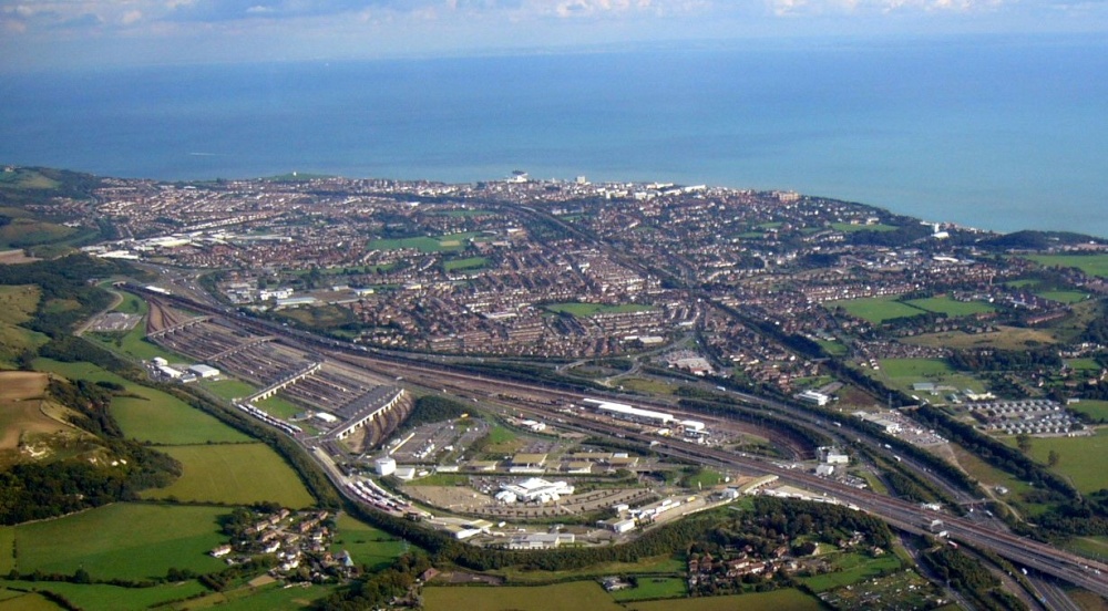 Channel Tunnel terminal from 1000 feet above the Downs