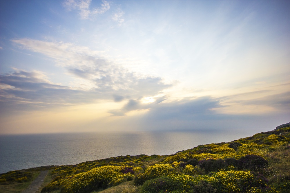 Sunset over the sea from Mynydd Mawr near Aberdaron