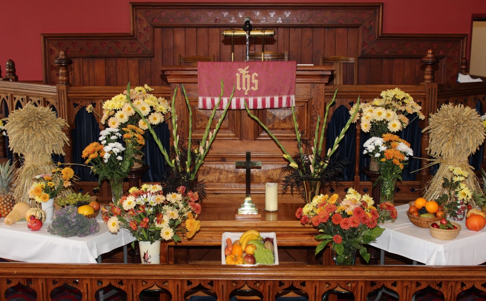 Harvest decorations at Pilling Methodist Chapel, Pilling, Lancashire