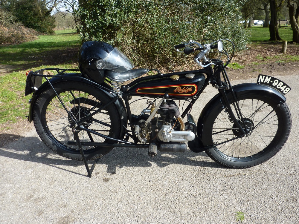 Beautiful 1920s Raleigh motorcycle spotted at Newlands Corner, 12th March 2015