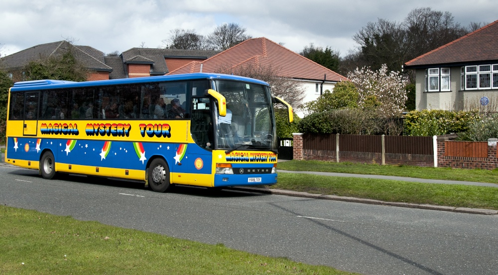 Magical Mystery tour bus outside "Mendips" Liverpool. photo by Rod Burkey