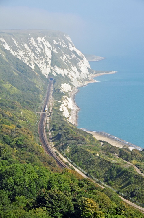 View towards white cliffs of Dover and Samphire Hoe