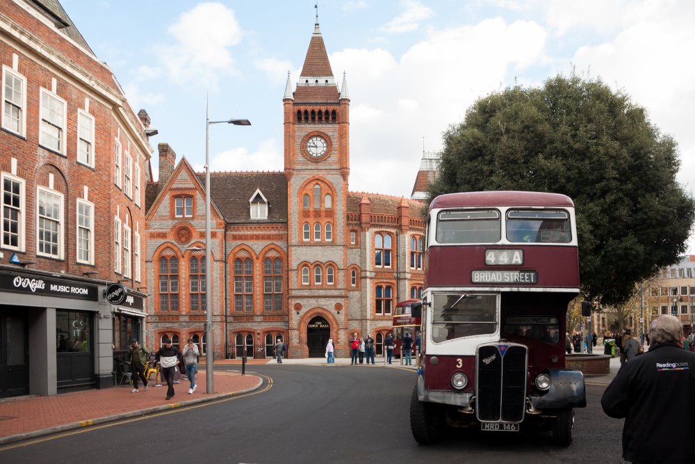 Ex-Reading Transport Bus parked in front of Reading Town Hall